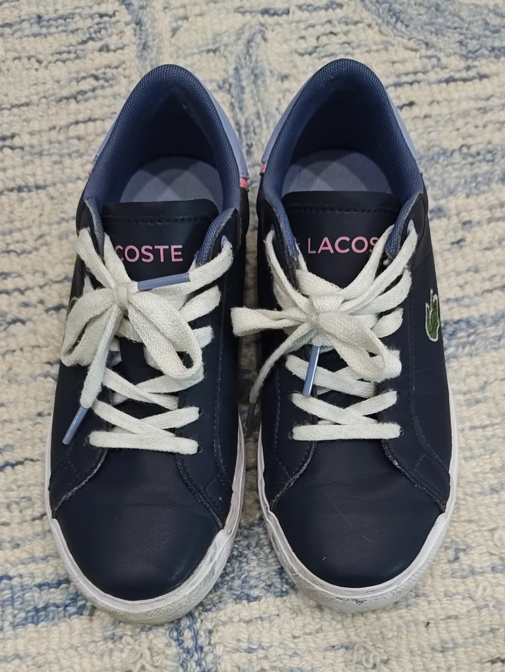 Lacoste Kids Navy Sneakers with Pink and Light Blue Heel Trim